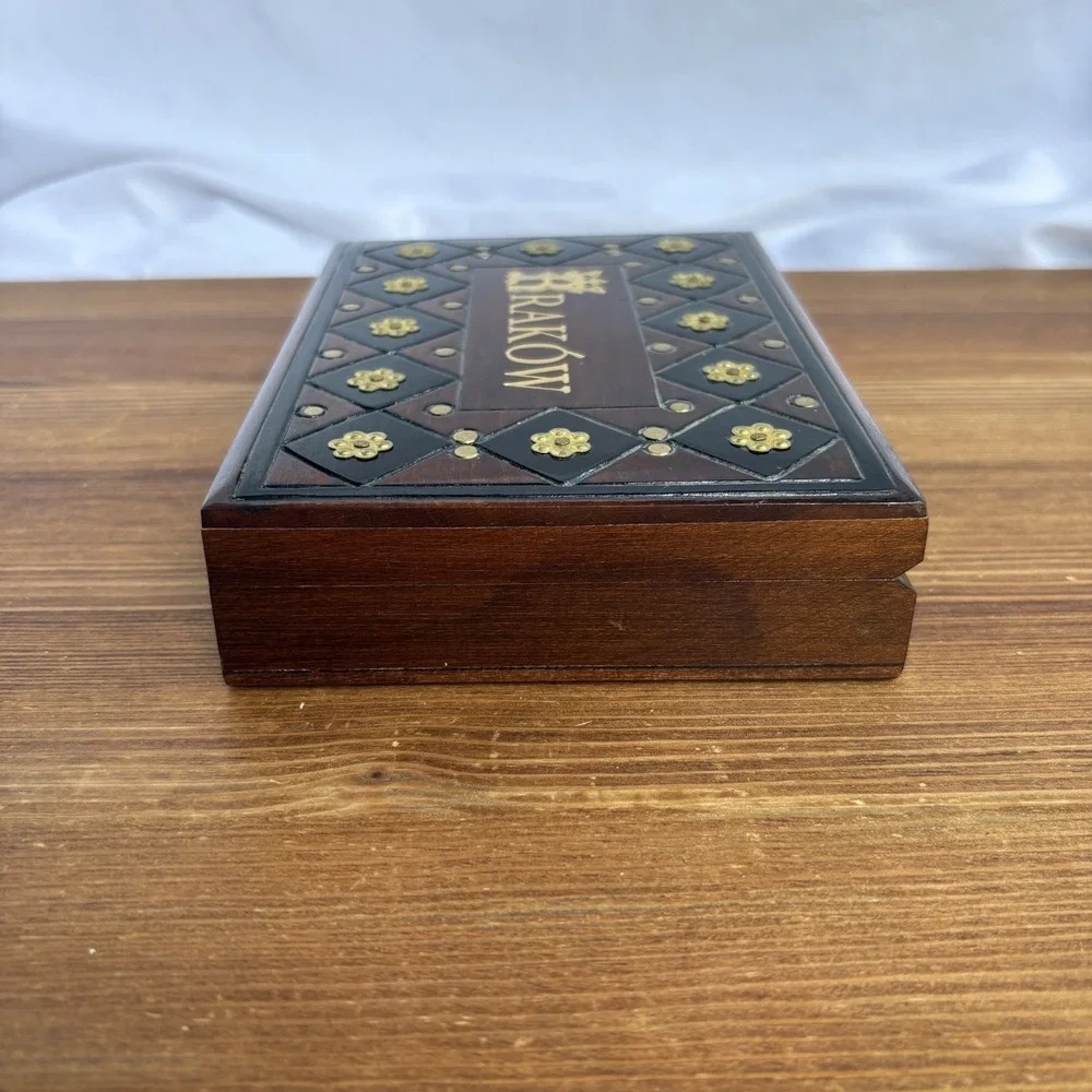 Vintage Kraków Poland Wooden Trinket Jewelry Box Gold Tone Metal Accent Souvenir